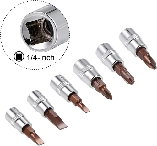 Vista 3 de uxcell Juego de dados ranurados Phillips de 1/4", brocas de acero S2, enchufes CR-V de 6 piezas (PH1-PH3, FD4-FD7)