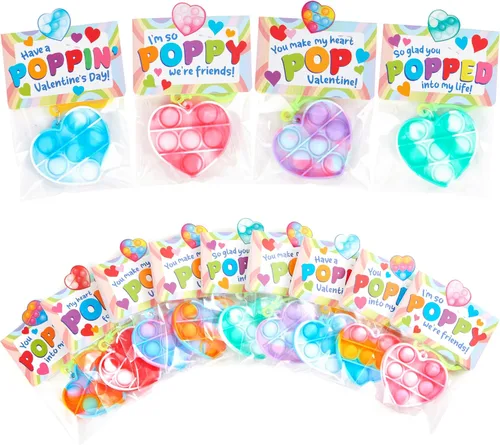 JOYIN 30 Packs Gift Cards with Heart Pop Bubble Keychain, Mini Pop Squeeze Toys, Stress Relief Fidget Toys for Kids Party Favors, Classroom Exchange