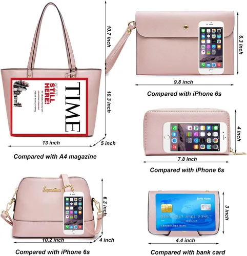 Vista 4 de Soperwillton Bolso de mano para mujer, cartera, bolso de mano, bolsas de hombro, asa superior, bolsa de 5 piezas