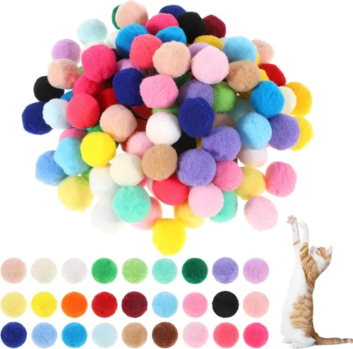Xthrotsenk 100 bolas de juguete para gatos de 1 pulgada, coloridas bolas de pompones de gato, pelota interactiva suave para gatitos, juguetes de