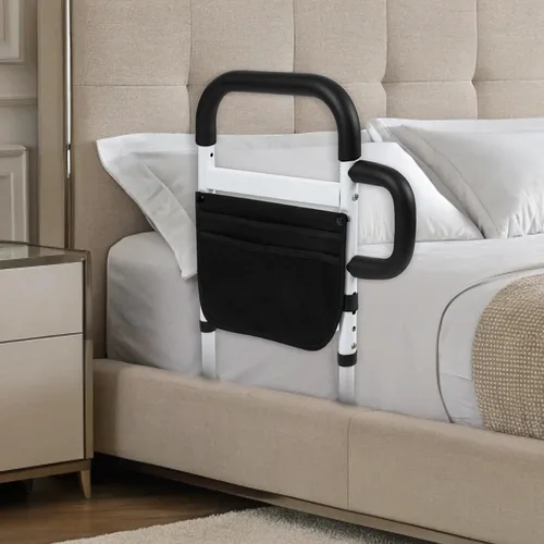Vista 7 de Klvied Rieles de cama para adultos mayores, rieles laterales de cama ajustables con asa lateral, bastón de cama con bolsa de almacenamiento, apto