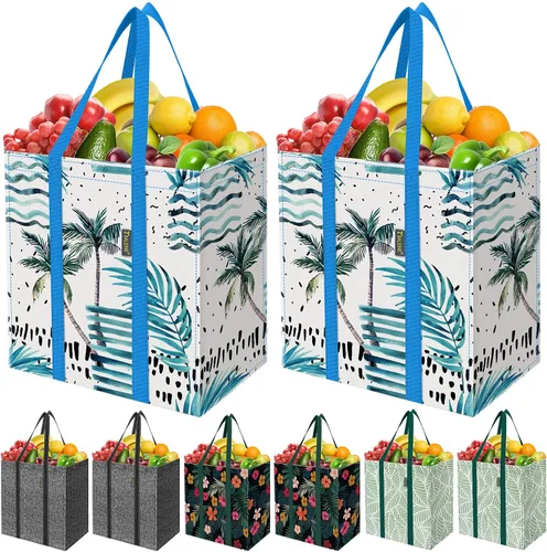 Vista 30 de BALEINE Paquete de 2 bolsas de comestibles reutilizables con parte inferior reforzada, bolsas plegables resistentes (follaje antiguo)