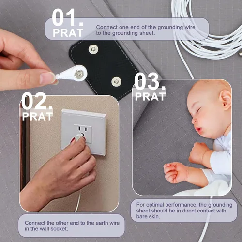 Vista 3 de Juego de sábanas encimeras para poner a tierra tamaño King en hilo plateado y algodón orgánico con cable de conexión a tierra de 16.4 pies para un