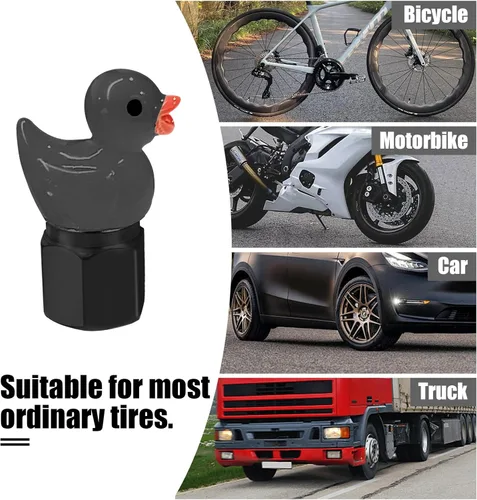 Vista 5 de Tapón de vástago de válvula de neumático, 4 piezas que brilla en la oscuridad, lindo tapón de válvula de neumático de patito, universal para Negro