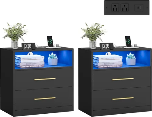 Vista 13 de VASAGLE Custos Collection - Mesita de noche de 23.6 pulgadas de ancho con estación de carga, luces LED, moderna mesita de noche, mesa auxiliar