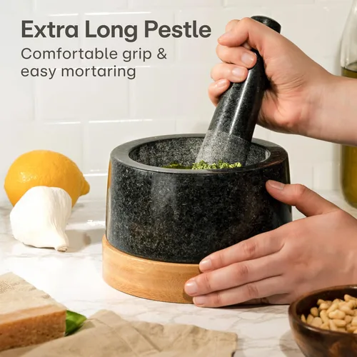 Vista 5 de Juego de mortero y mortero grande de 2 tazas, molinillo de piedra resistente para especias, hierbas y guacamole, granito duradero, base de madera