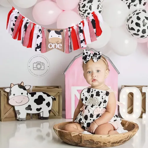 Vista 6 de Cartel de vaca de granja para primer cumpleaños, silla alta para niño o niña, primer granero aplastar pasteles, vaca occidental, decoración
