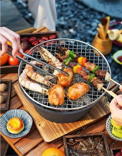 Vista 4 de Parrilla de carbón para barbacoa, parrilla de carbón de hierro fundido, parrilla hibachi, parrilla mini de carbón para camping, estufa portátil
