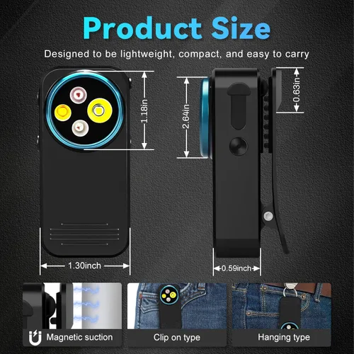 Vista 2 de Linterna EDC con clip, linterna recargable de 600 lúmenes, mini luz de bolsillo con clip con modo RGB, linterna pequeña magnética tipo C para Negro