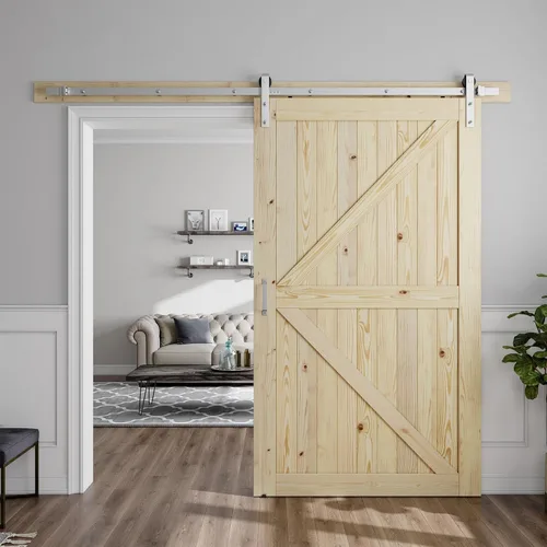 Vista 8 de SMARTSTANDARD Puerta corrediza de granero de 24 x 84 pulgadas con kit de herrajes y mango de níquel cepillado de 5 pies, se requiere un montaje