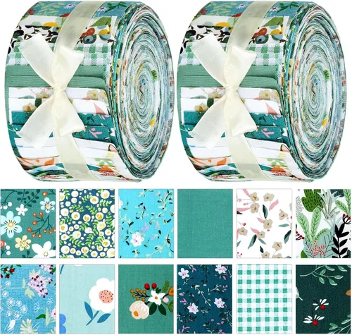 Moukeren 100 Pcs Blue Green Floral Roll Fabric Strips for Quilting Fabric Cotton Christmas Flower Patchwork Quilting Precut Strips Bundles Roll
