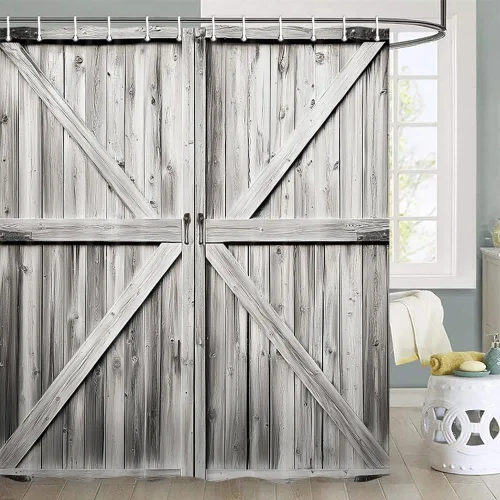 Vista 6 de JAWO Cortina de ducha rústica para puerta de granero, estilo occidental, para baño, tablero de madera marrón, tela impermeable de poliéster