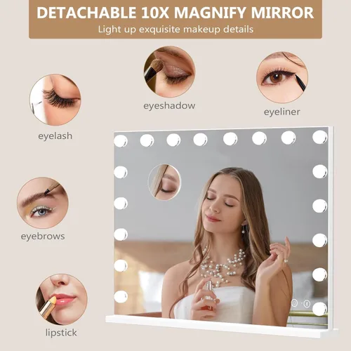 Vista 5 de Fenair Espejo de tocador grande con luces y altavoz, espejo de maquillaje iluminado Hollywood con base resistente, 18 bombillas LED regulables, 3