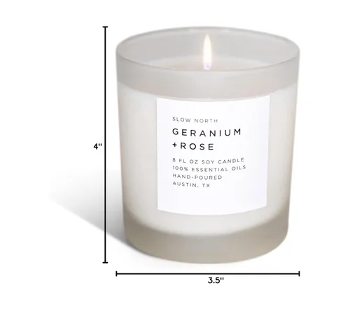 Vista 8 de Slow North Vela de geranio y rosa, vela de aceites esenciales y cera de soja pura en un frasco de vidrio esmerilado reutilizable, una vela perfumada