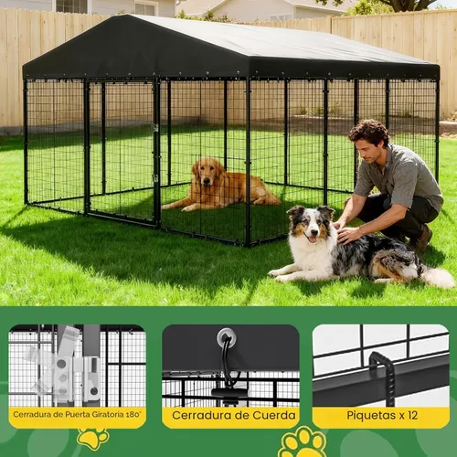 Vista 4 de Gotland Perrera para perros al aire libre de 10 x 10 x 6 pies, jaula para perros medianos y grandes con techo impermeable, doble cerradura