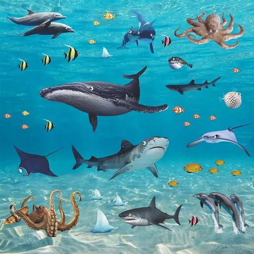 Vista 2 de Calcomanías de pared de peces con temática oceánica, bricolaje, ballena submarina, pulpo, delfín, tiburón, calcomanías de pared para despegar