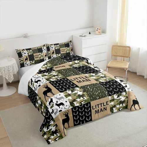 Vista 6 de Manfei Juego de Edredón de Siluetas de Animales con Astas de Ciervo Tamaño Full, Juego de Ropa de Cama de Camuflaje con Cuadros Geométricos de 3