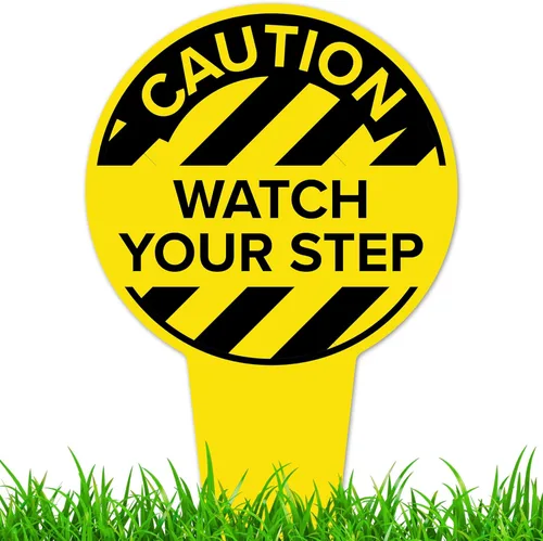 Caution Watch Your Step - Letrero de 7 x 13 pulgadas, estacas integradas de alta resistencia, uso en interiores y exteriores, compuesto de aluminio