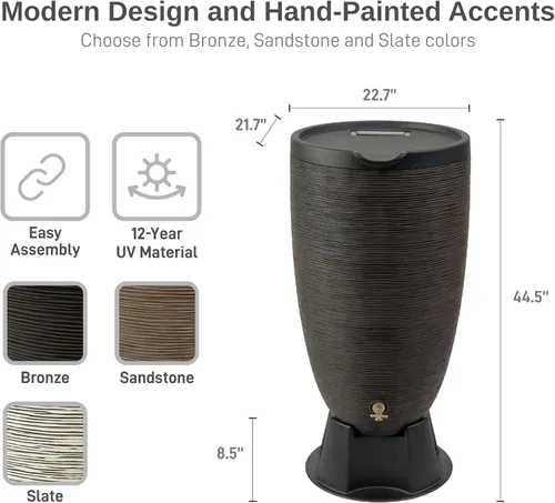 Vista 3 de RTS Home Accents Barril de lluvia Newport de 50 galones con soporte y tapa extraíble, color bronce