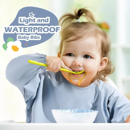 Vista 6 de JaGely Paquete de 4 baberos de manga larga para bebé, impermeables, de manga larga, babero para comer, babero de alimentación con receptor