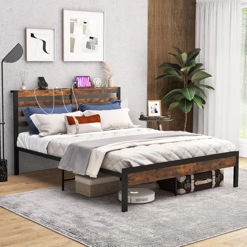 Vista 9 de Giantex Base de cama de metal con estación de carga, plataforma industrial con cabecera de almacenamiento, base de colchón resistente, fácil