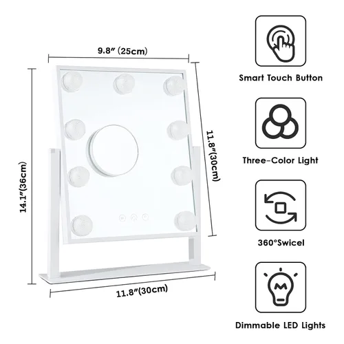 Vista 7 de Espejo de tocador con luces, espejo de maquillaje iluminado Hollywood con 3 modos de color y 9 bombillas LED de diamante regulables, aumento