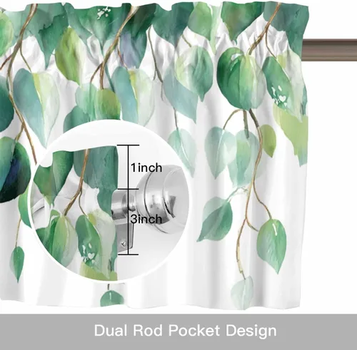 Vista 6 de Cenefas botánicas de acuarela para ventanas de cocina, cenefa de cortina de hojas verdes, cortinas cortas de rama de plantas con bolsillo