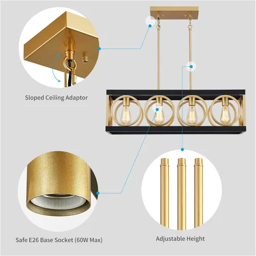 Vista 4 de XINGQI Lámpara de araña rectangular moderna, iluminación de isla de cocina de granja, accesorio de luz colgante industrial rústico de 4 luces