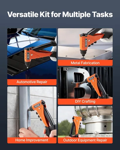 Vista 6 de VEVOR Kit de pistola de remache pop, con 200 remaches ciegos, remachador de una sola mano resistente con 4 piezas nasales intercambiables, 4 brocas