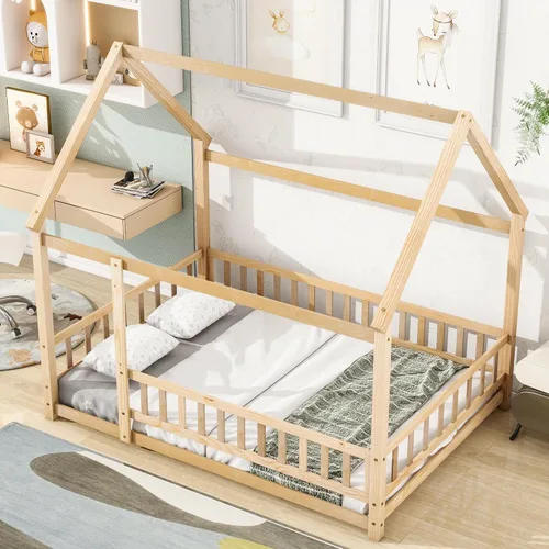 Vista 106 de Bellemave Cama Montessori de madera con valla y techo para niños, marco de cama individual para niños, niñas (individual, blanco)
