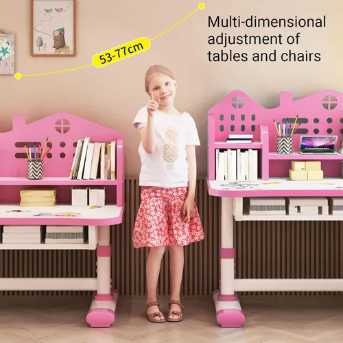 Vista 2 de Kids Adjustable Study Desk & Chair Set w/ Storage,Drawers,Bookshelf,Child Toddler Writing Homework Table,Little Girl Work Computer Desk,Princess