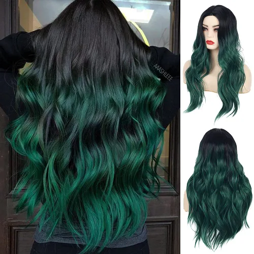 Baruisi Long Curly Wavy Ombre Black Green Wig Synthetic Natural Middle Part Cosplay Costume Hair Wigs for Women