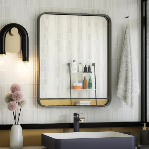 Vista 12 de ISKM Espejo de baño con marco de metal negro para pared de 40 x 32 pulgadas, espejo rectangular redondeado, antioxidante (horizontal/vertical)