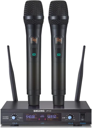 Sistema de micrófono inalámbrico, micrófono dinámico inalámbrico dual Pro UHF de metal, frecuencias ajustables de 2 x 30, sistema de micrófono de