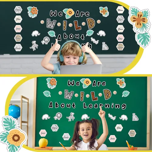 Vista 5 de Ctosree Juego de 134 tablones de anuncios de Safari We are Wild About Learning con cuentas de madera de flores de hojas dulces, recortes