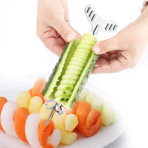 Vista 6 de Cortador espiral vegetal Tornillo Winder 2 unids/set Espiral Patata Zanahoria Pepino Plata Forma Especial