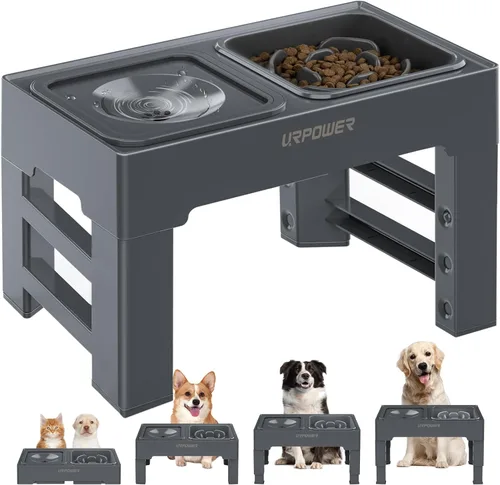 Vista 9 de URPOWER Cuencos Elevados 2 en 1 para Perros, 4 Cuencos Elevados para Perros de Altura Ajustable con Cuenco de Agua Sin Derrames y Cuenco de Comida
