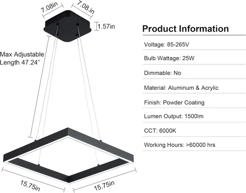 Vista 4 de Lámpara Colgante LED Moderna Cuadrada Candelabro LED 1 Anillo Accesorio de Iluminación Colgante de Acrílico para Dormitorio Sala de Estar Comedor