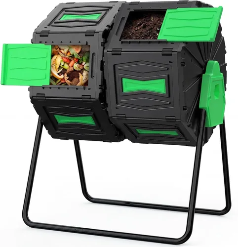 Vista 7 de Contenedor de compostaje de doble cámara de 45 galones, contenedor de compostaje giratorio de 360 grados para exteriores, sin BPA, de trabajo