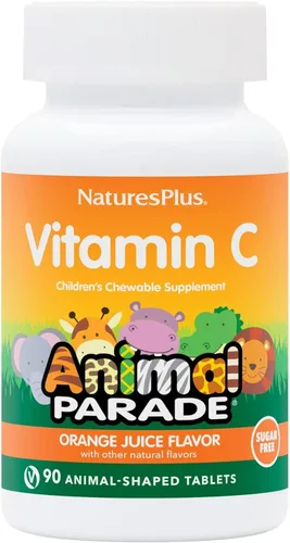 Vista 4 de Natures Plus Animal Parade Vitamina C para niños sin azúcar, sabor a jugo de naranja natural, 90 tabletas masticables en forma de animales, apoyo