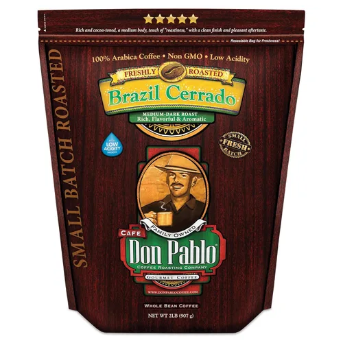 Café gourmet Don Pablo de 2 libras, Brasil Cerrado, tostado medio oscuro, café en grano entero, 100% granos arábica, baja acidez y sin OMG, bolsa de