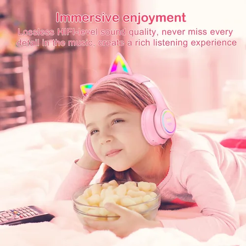 Vista 2 de SIMGAL Auriculares Bluetooth con orejas de gato para niños modo inalámbrico y con cable auriculares plegables con micrófono luz LED RGB para niñas