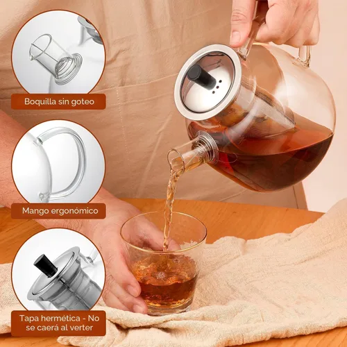 Vista 2 de Tetera de vidrio de 1500 ml (50 oz) con infusor extraíble, tetera grande segura para estufa Ehugos, hervidor artesanal para té floreciente