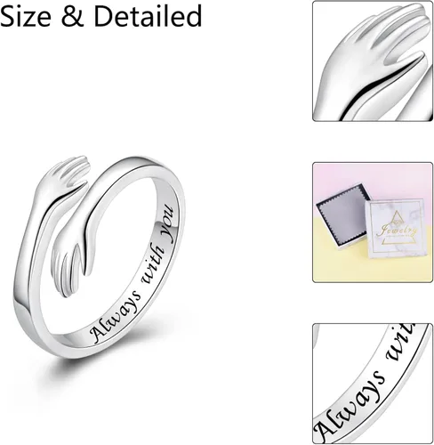 Vista 5 de ACJFA Anillos de abrazo para mujer anillo ajustable de plata de ley para mujer hija anillo de mano para regalos de cumpleaños regalo de vacaciones
