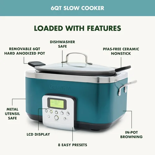 Vista 4 de GreenPan - Olla eléctrica programable Elite de cocción lenta 8 en 1, 6 cuartos de galón, tapa y recipiente extraíbles, sin PFAS, cerámica Verde