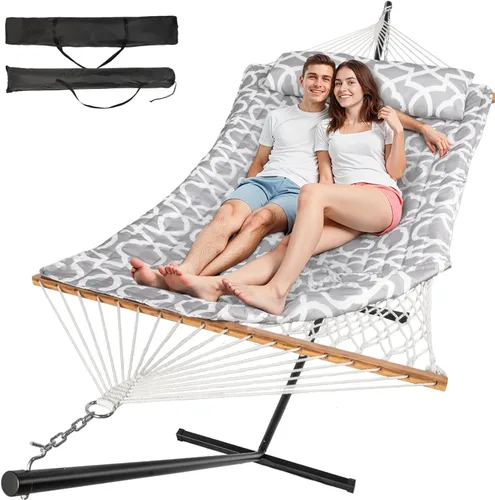 Vista 13 de Everyfun - Hamaca para 2 personas al aire libre con soporte, hamaca de cuerda de algodón con almohadilla de poliéster, estructura de acero
