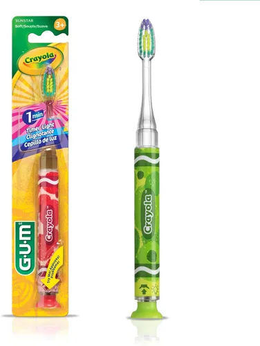 GUM Crayola Cepillo de dientes con temporizador manual para niños, cerdas suaves con base de ventosa, para niños y bebés, 1 unidad (edades 3+)