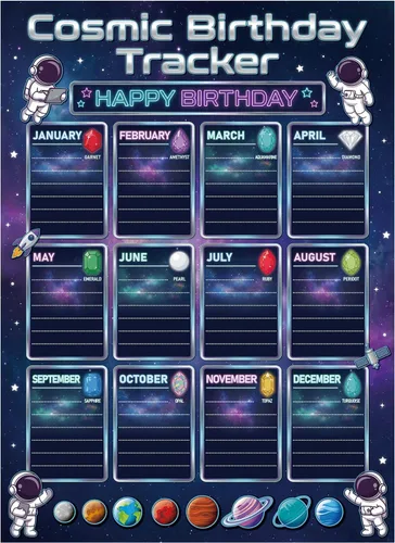 WhatSign Birthday Calendar for Classroom - 12"x16" Birthday Chart Poster with Birthstones, Space Theme Solar System Wall Tracker Decor for Teachers