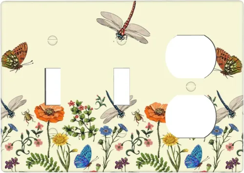 Vista 137 de Placa de Pared en Blanco de 1-Gang Sin Dispositivo Beige Lindo Vintage Boho de los 70s Hongo Fungus Planta Floral Botánica Libélula Interruptor