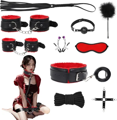 Vista 9 de Kit BDSM de 7 piezas para principiantes, juego de bondage negro para parejas con puños ajustables de muñeca y tobillo, cuello, vendaje de ojos